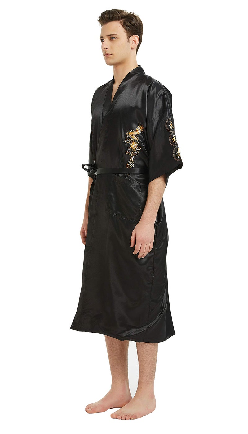 PAMOR Mens Robe Chinese Silk Embroidered Dragon Pattern Kimono Bathrobe Yukata Pajamas with Waistband and Pockets (Navy Blue) - Image 2